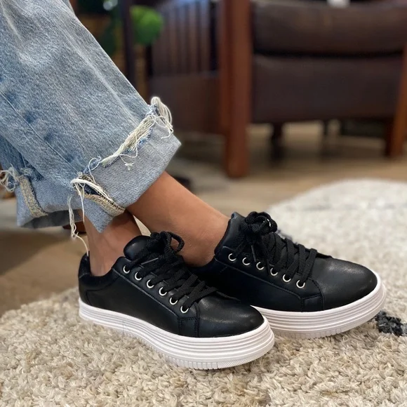 Black Vegan Leather White Platform Lace Up Sneakers with Black Glitter - Picture 6 of 9